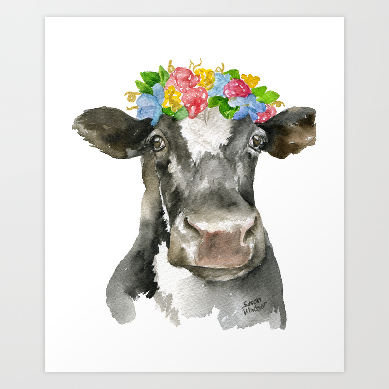 Black And White Cow With Floral Crown Watercolor Painting Art
