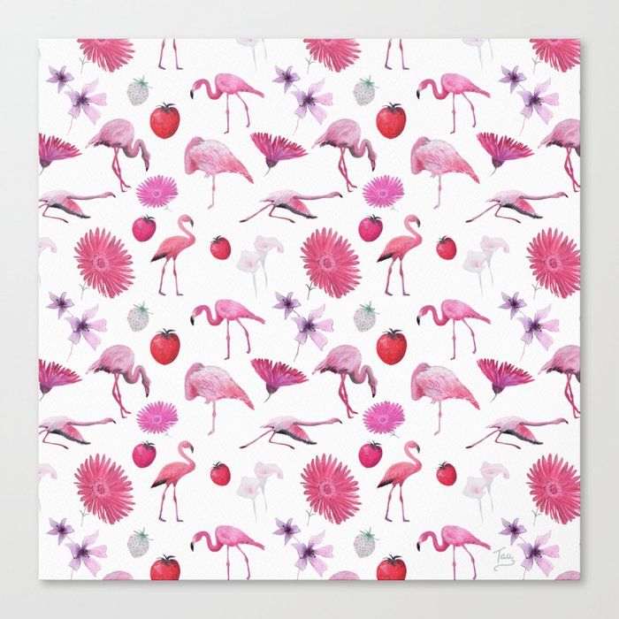 Flamingos, Fruit and Flowers Canvas Print