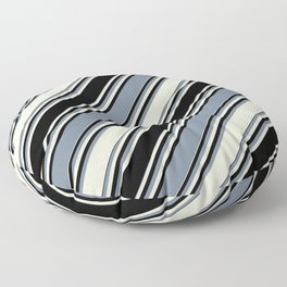 [ Thumbnail: Beige, Black & Light Slate Gray Colored Stripes/Lines Pattern Floor Pillow ]