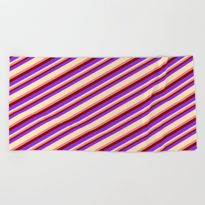 Purple, Beige, Light Coral & Maroon Colored Lined/Striped Pattern Beach Towel