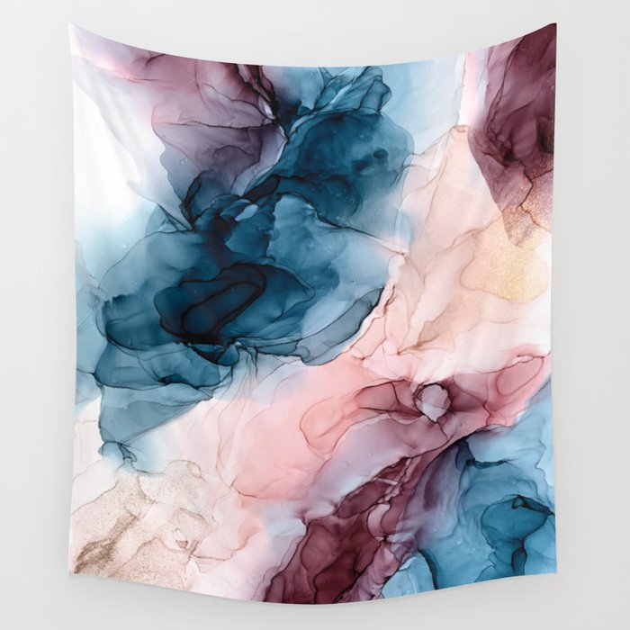 Pastel Plum Deep Blue Blush And Gold Abstract Painting Wall