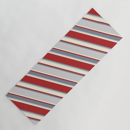 [ Thumbnail: Red, Light Slate Gray, Light Grey & Beige Colored Pattern of Stripes Yoga Mat ]