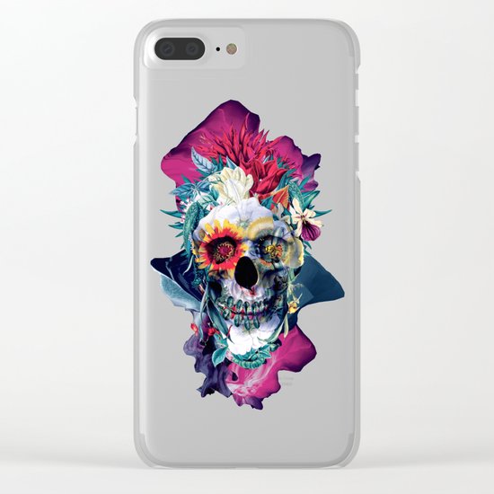 Floral Skull Blue Clear iPhone Case