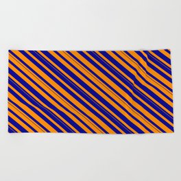 [ Thumbnail: Dark Orange and Dark Blue Colored Lined/Striped Pattern Beach Towel ]