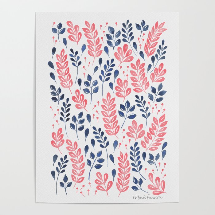 Wistful Floral - Coral and blue Poster