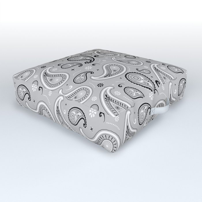 Black and White Paisley Pattern on Dark Light Grey Background Outdoor Floor Cushion