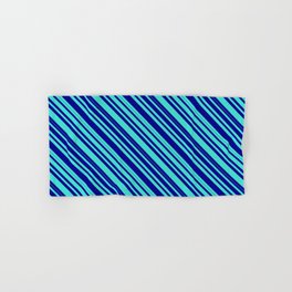 [ Thumbnail: Turquoise and Dark Blue Colored Lined/Striped Pattern Hand & Bath Towel ]