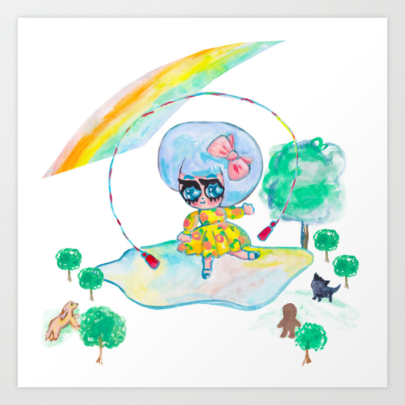 Anime Girl Jumping Rope Under A Rainbow With Forest Animals Art