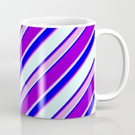 [ Thumbnail: Dark Violet, Plum, Light Cyan & Blue Colored Lined/Striped Pattern Coffee Mug ]