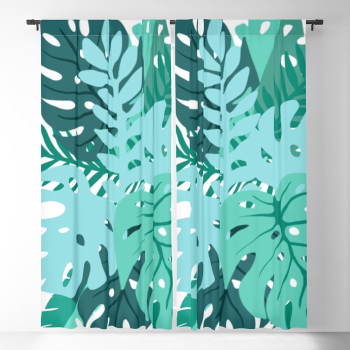 Blue and Green Tropical Leaves Blackout Curtain