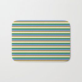[ Thumbnail: Eye-catching Beige, Green, Cornflower Blue & Dark Goldenrod Lined/Striped Pattern Bath Mat ]