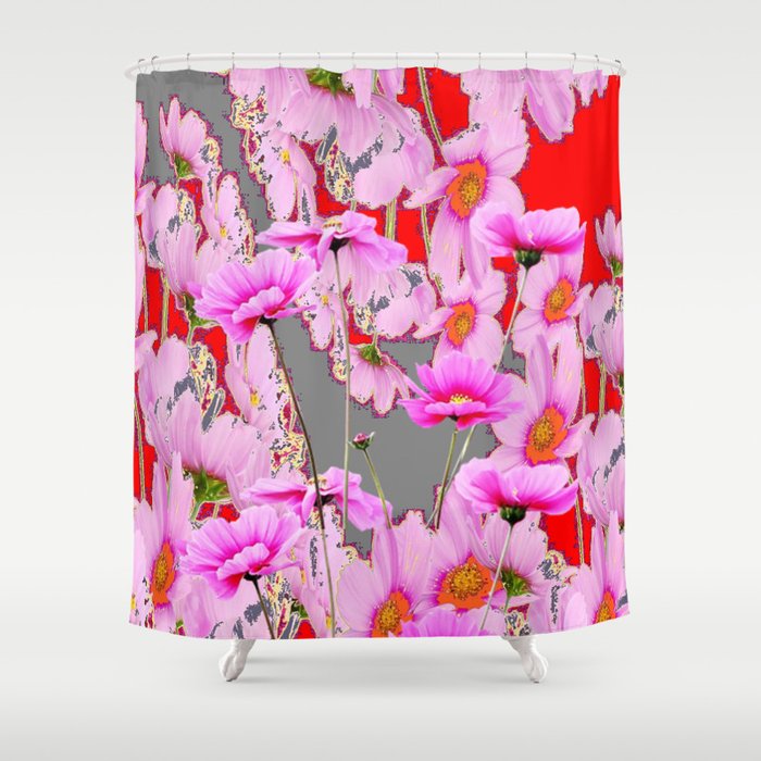 Modern Fuchsia Pink Flowers Grey Red Abstract Art Shower Curtain
