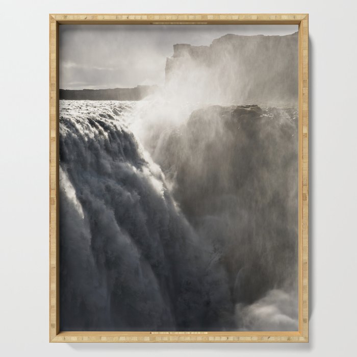 Eternal Majesty: Dettifoss Waterfall, Iceland. Black and White Travel Photo Serving Tray