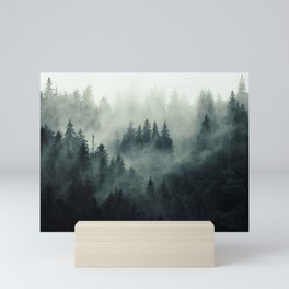 Green misty mountain pine forest in cloudy and rainy - vintage style photo Mini Art Print
