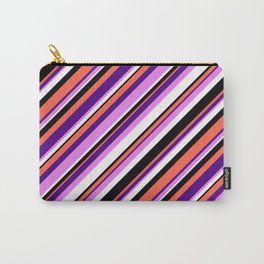[ Thumbnail: Eyecatching Red, Indigo, Violet, White & Black Colored Lined Pattern Carry-All Pouch ]