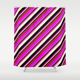 [ Thumbnail: Brown, Fuchsia, Light Yellow, and Black Colored Lines Pattern Shower Curtain ]
