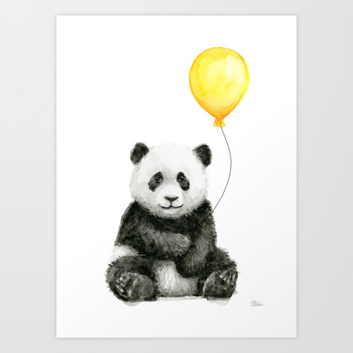 Panda Watercolor Animal with Yellow Balloon Nursery Baby Animals Art Print