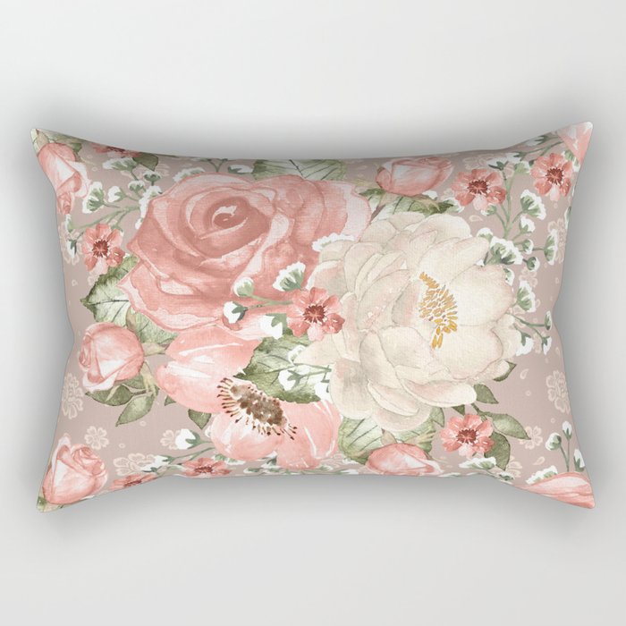 Peach Blush Vintage Watercolor Floral Pattern Rectangular Pillow