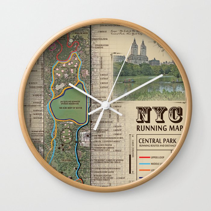 NYC's Central Park [Vintage Inspired] "San Remo" Running route map Wall Clock