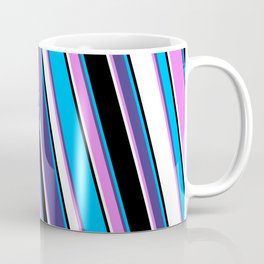 [ Thumbnail: Deep Sky Blue, Dark Slate Blue, Violet, White & Black Colored Lines/Stripes Pattern Coffee Mug ]