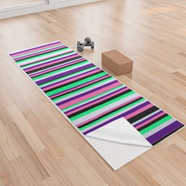 [ Thumbnail: Eye-catching Green, Lavender, Indigo, Hot Pink & Black Colored Lines/Stripes Pattern Yoga Towel ]