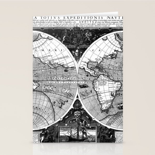 Black and White World Map (1595) Stationery Cards by BravuraMedia