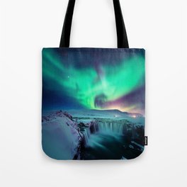 Aurora Borealis Over A Waterfall Tote Bag