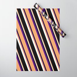[ Thumbnail: Indigo, Brown, White & Black Colored Striped Pattern Wrapping Paper ]