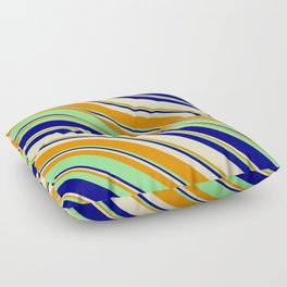 [ Thumbnail: Light Green, Blue, Bisque, and Dark Orange Colored Stripes/Lines Pattern Floor Pillow ]