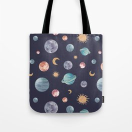 Watercolor planets, suns and moons - galaxy pattern Tote Bag