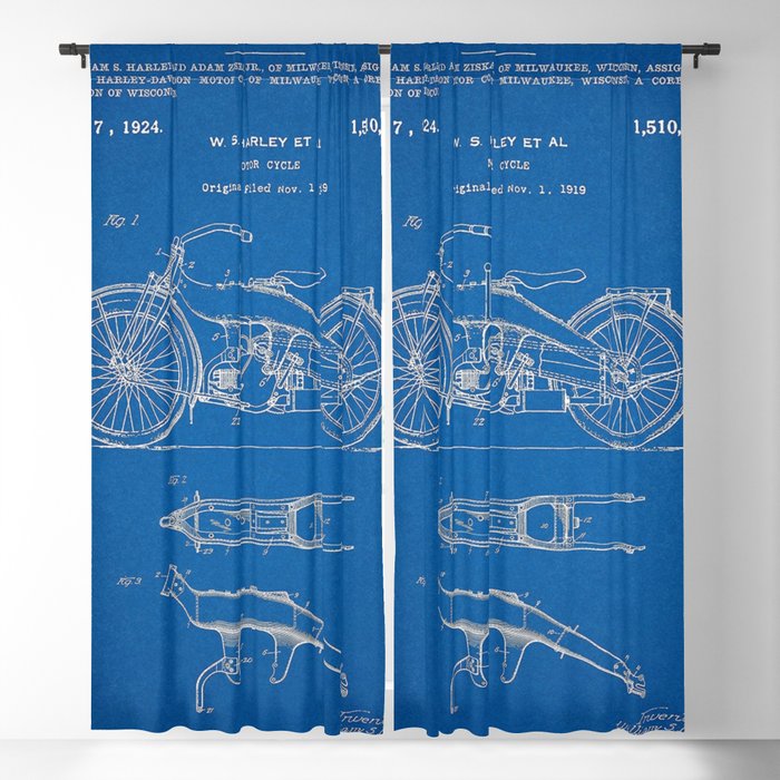 1919 Blue Vertical Motorcycle Patent Blueprint Blackout Curtain