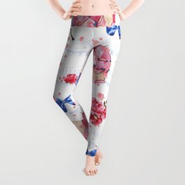Vintage 1900's Victorian Women Fashion Accessories And Flowers Watercolor Pattern Leggings