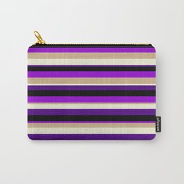 [ Thumbnail: Colorful Black, Dark Violet, Tan, Beige, and Indigo Colored Lined/Striped Pattern Carry-All Pouch ]