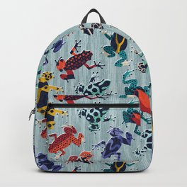 Quirky dart frogs dance // duck egg blue textured background brightly multicoloured poison amphibians Backpack