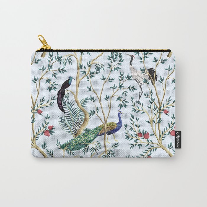 Vintage garden pomegranate fruit tree, exotic bird, peacock floral seamless pattern blue background. Exotic chinoiserie hand drawn.  Carry-All Pouch