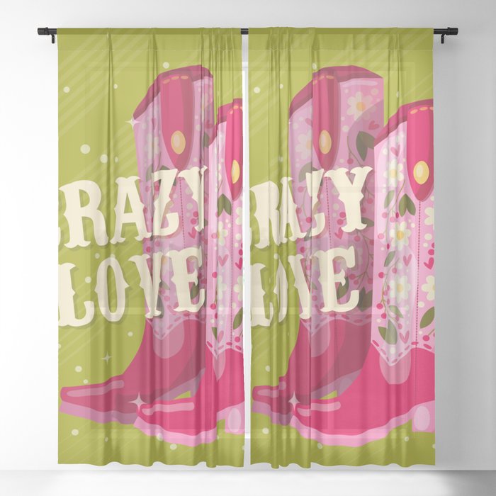 A pair of cowboy boots decorated with flowers and a hand lettering message Crazy Love on green background. Valentine colorful hand drawn vector illustration in bright vibrant colors. Sheer Curtain