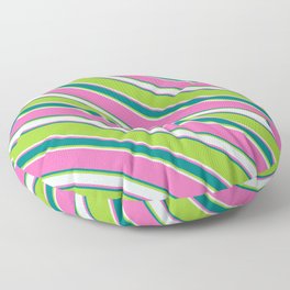 [ Thumbnail: Hot Pink, Teal, Green, and Light Cyan Colored Stripes/Lines Pattern Floor Pillow ]