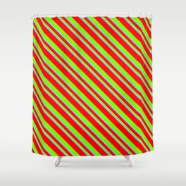 [ Thumbnail: Sky Blue, Red, and Green Colored Stripes Pattern Shower Curtain ]