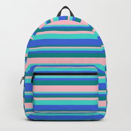 [ Thumbnail: Turquoise, Royal Blue, Dark Cyan, and Pink Colored Stripes Pattern Backpack ]