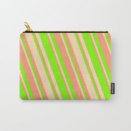 [ Thumbnail: Beige, Light Salmon & Chartreuse Colored Stripes Pattern Carry-All Pouch ]