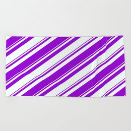 [ Thumbnail: Dark Violet and Mint Cream Colored Pattern of Stripes Beach Towel ]