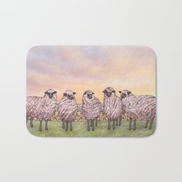 sunrise sheep Bath Mat | Ruralscene, Digitalcollage, Drawing, Digital, Ewe, Yarnwool, Landscape, Skyblue, Sunset, Purple 