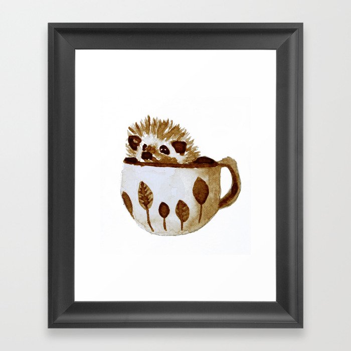 Hedgehog in a Cup Painted with Coffee Framed Art Print