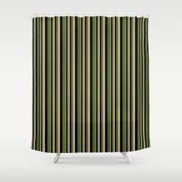 [ Thumbnail: Tan, Black & Dark Olive Green Colored Lined Pattern Shower Curtain ]