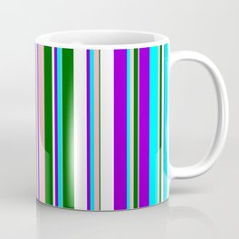 [ Thumbnail: Eye-catching Dark Violet, Cyan, Light Pink, Dark Green, and White Colored Lined Pattern Coffee Mug ]