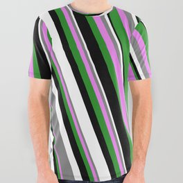 [ Thumbnail: Colorful Gray, Violet, Forest Green, Black & White Colored Striped Pattern All Over Graphic Tee ]
