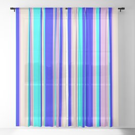 [ Thumbnail: Aqua, Beige, Plum & Blue Colored Lined Pattern Sheer Curtain ]