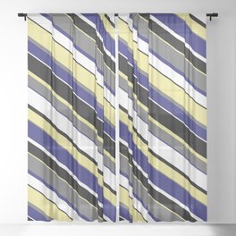 [ Thumbnail: Eye-catching Tan, Dim Gray, Midnight Blue, White, and Black Colored Pattern of Stripes Sheer Curtain ]