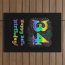 [ Thumbnail: 34th Birthday - Fun Rainbow Spectrum Gradient Pattern Text, Bursting Fireworks Inspired Background Outdoor Rug ]