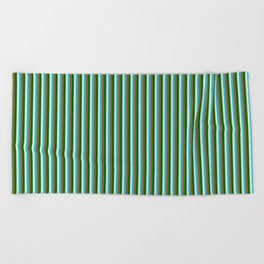 [ Thumbnail: Pale Goldenrod, Deep Sky Blue, Sienna & Dark Green Colored Lined/Striped Pattern Beach Towel ]